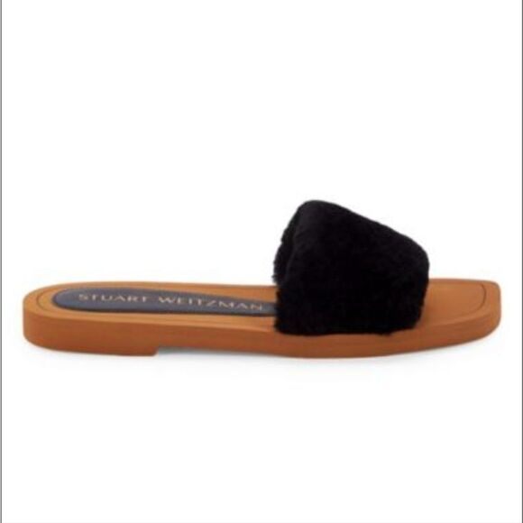 New STUART WEITZMAN Cammy Shearling Slides furry black flip flops 8.5 - Picture 4 of 5
